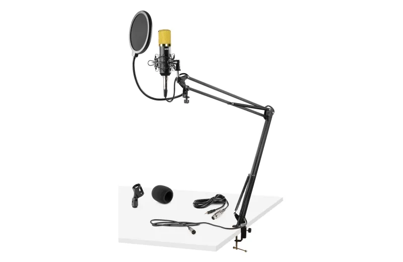 Vonyx CMS400B Studio Condenser Microphone Black/Gold with Stand & Pop Filter