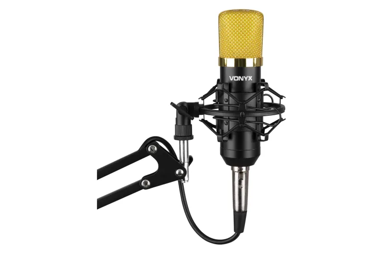 Vonyx CMS400B Studio Condenser Microphone Black/Gold with Stand & Pop Filter