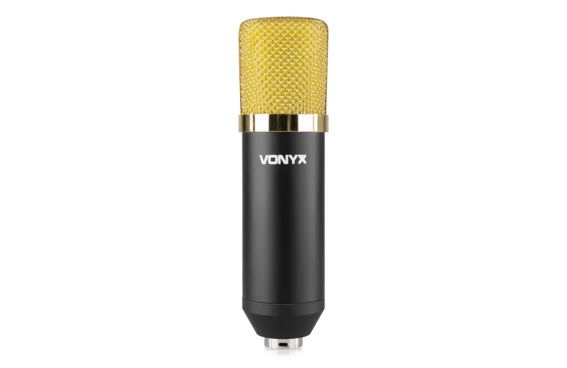 Vonyx CMS400B Studio Condenser Microphone Black/Gold with Stand & Pop Filter